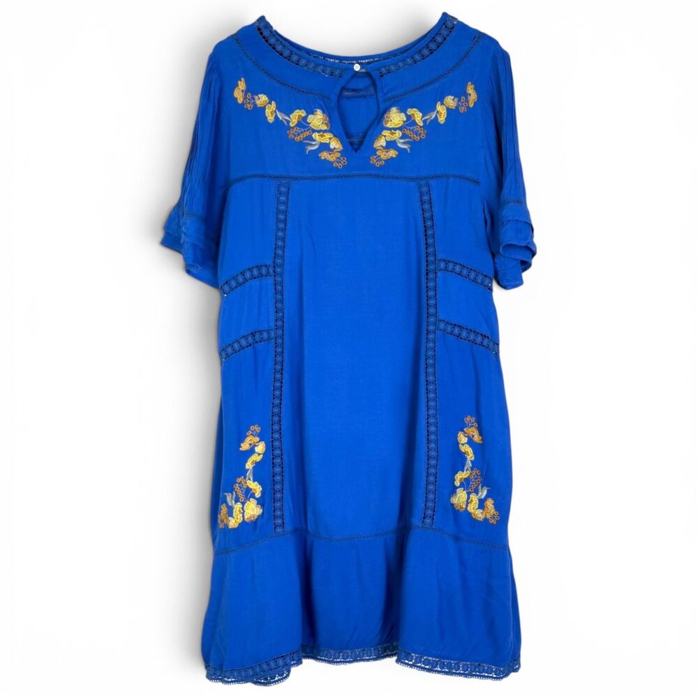 boho embroidered floral peasant shift blue lined dress medium by brass & roe - Picture 4 of 10